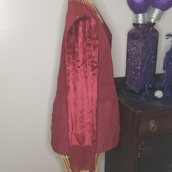 J. Jill Large Maroon Red Velvet Lace Sheer Patchwork Button Down Long Sleeve Top - Picture 6 of 12